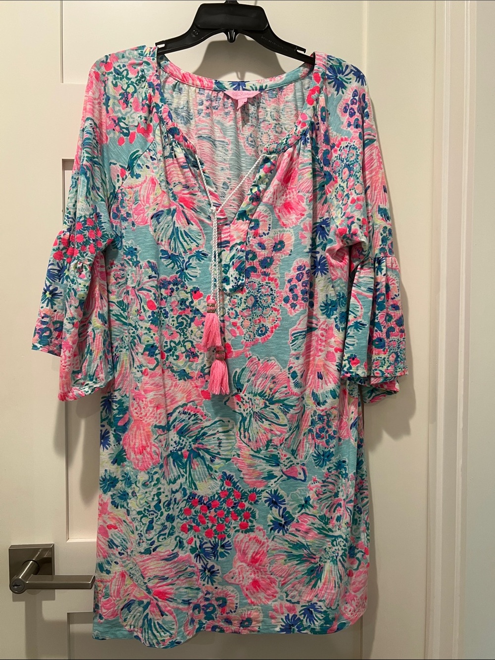 Lilly Pulitzer Pink & Aqua Floral Tassel-Front Mini Dress